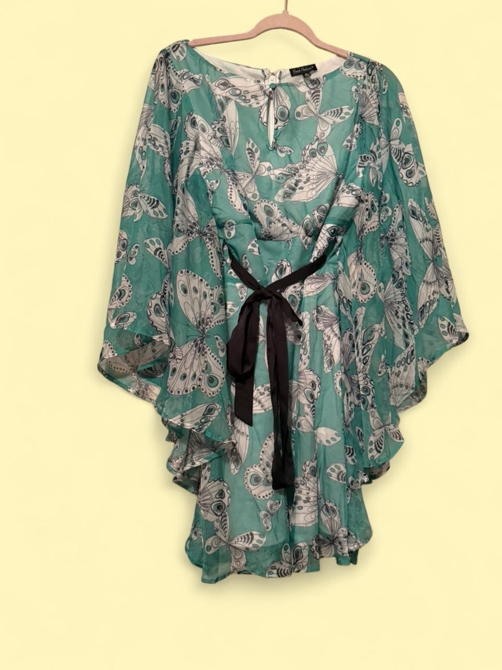 Unique Vintage Mint Moth Print Mini Dress with Black Tie Waist Sash